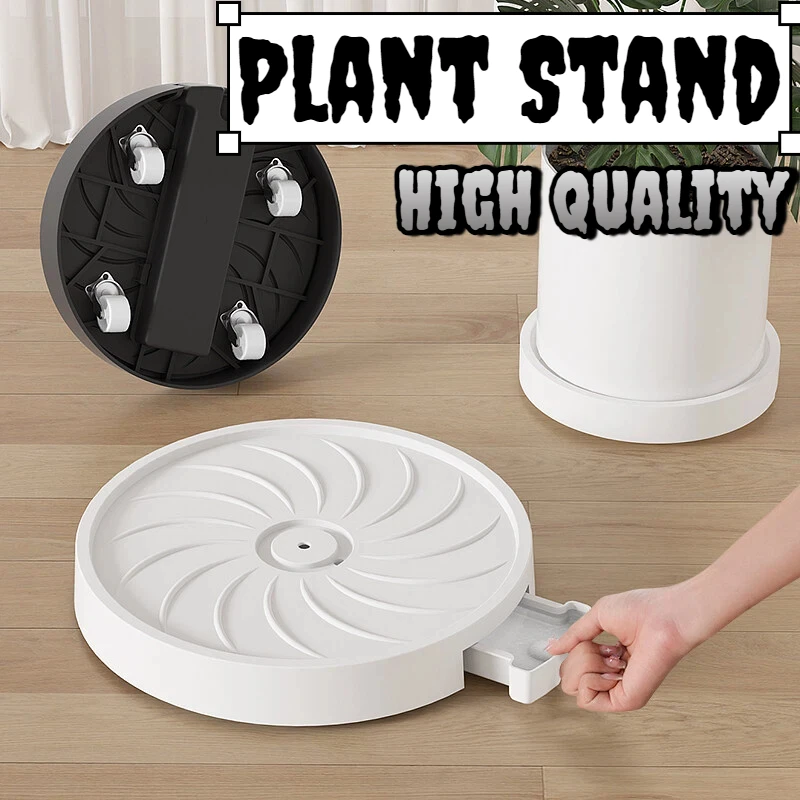 Heavy Duty Round Plant Pot Caddy with Wheels, PP Plastic Flower Base Tray with Drawer for Water Collection Indoor Outdoor, Black