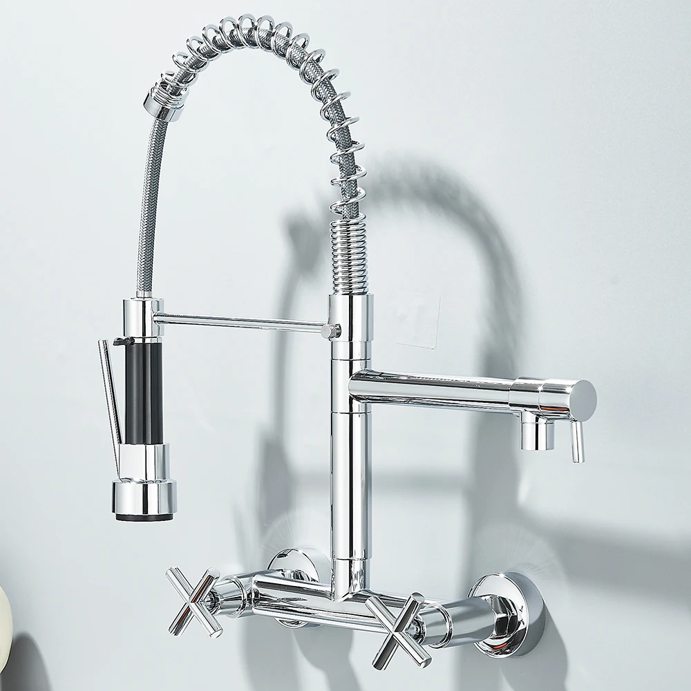 Uittrekbare keukenkraan Wandmontage Lente Warm Koud Water Dubbele uitloop Keukenkraan 20 cm afstand voor twee gaten