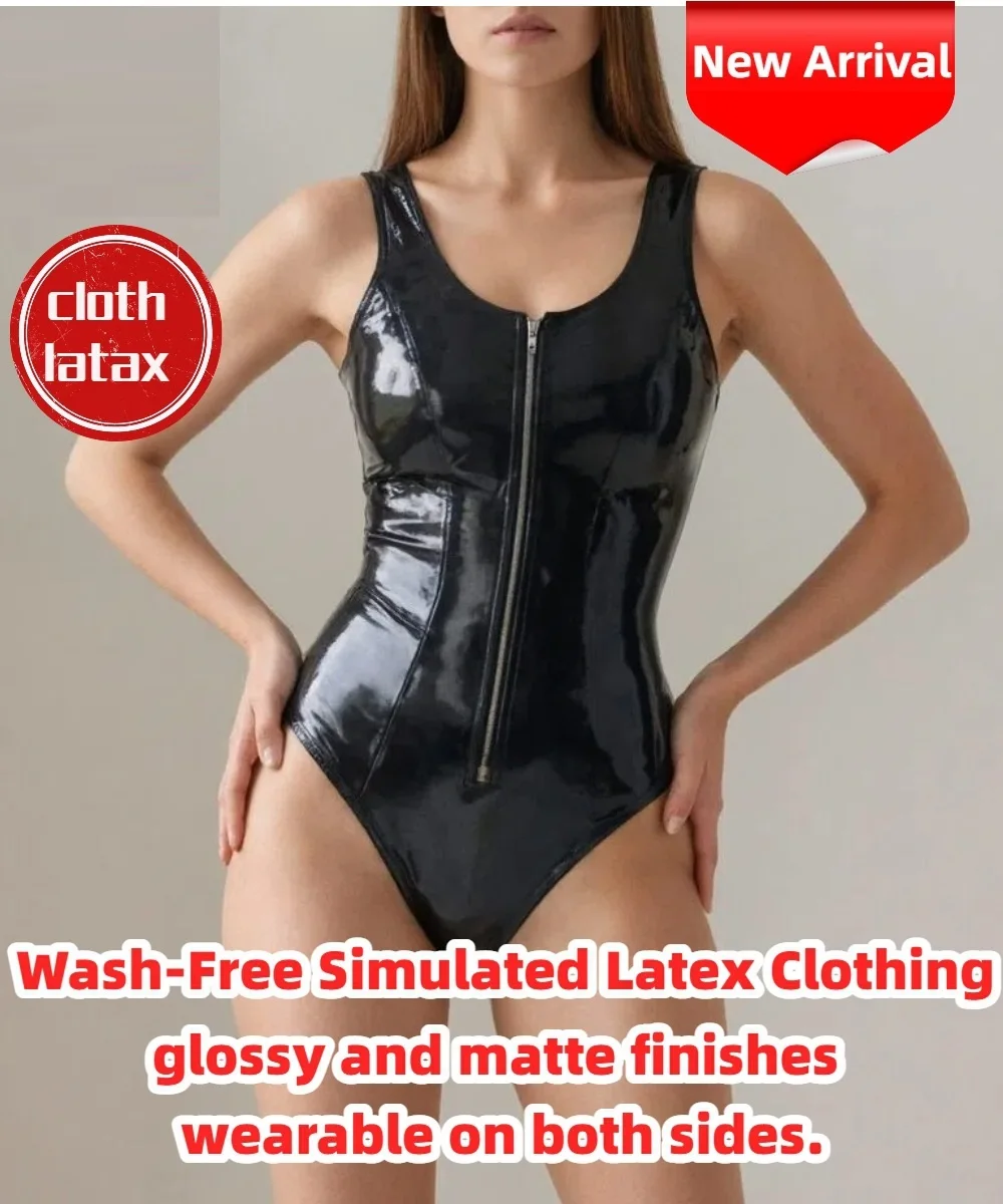 Double Sided PU Leather Tank Bodysuit Sexy Shaping Stage Nightclub Tights Faux Latex Waterproof Leotard Swimsuit for Women