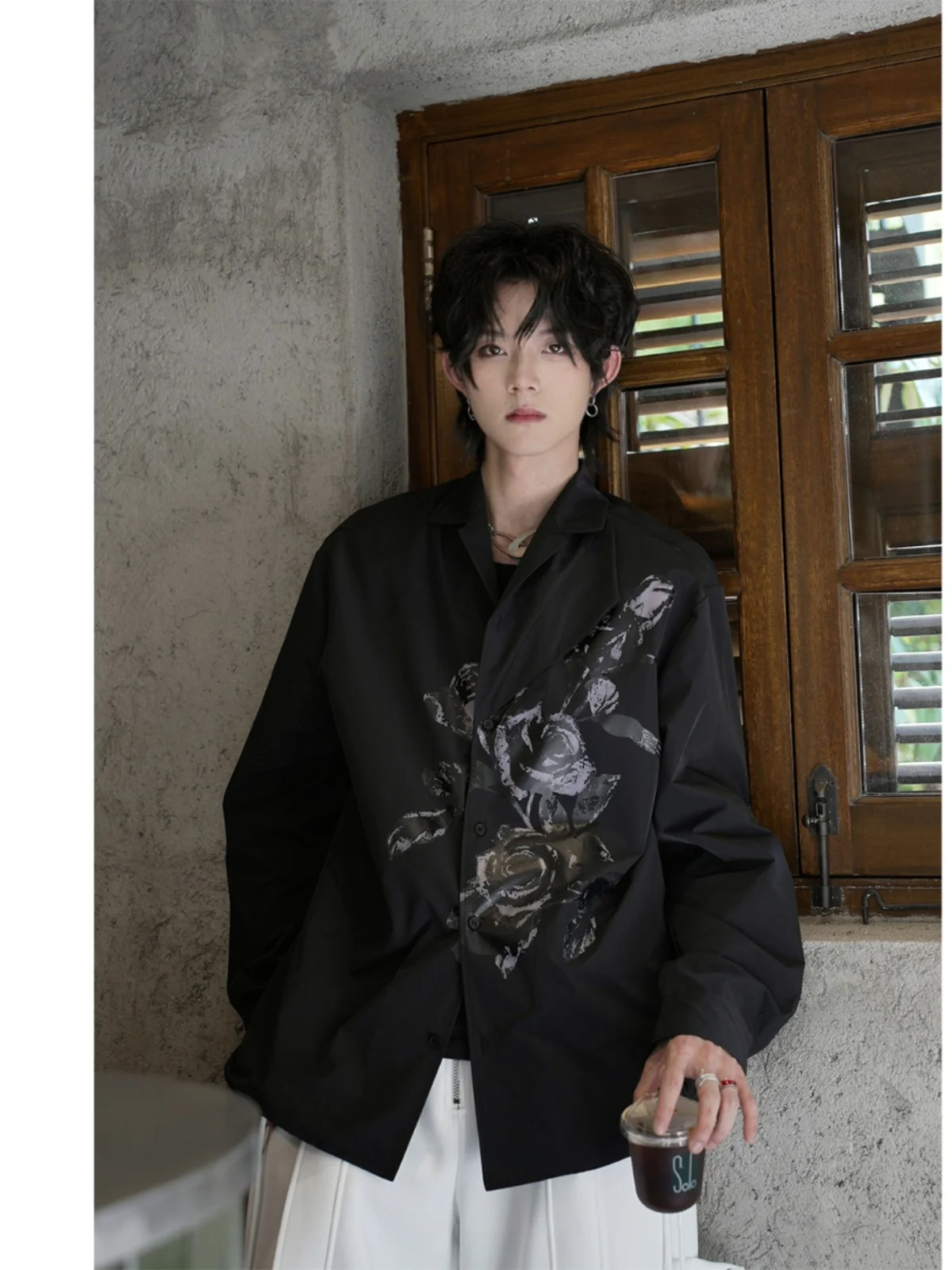 Spring Autumn New Personality Gothic Dark Rose Long Sleeve Leisure Shirt Men's American Fashion Handsome Chic Versatile Shirts