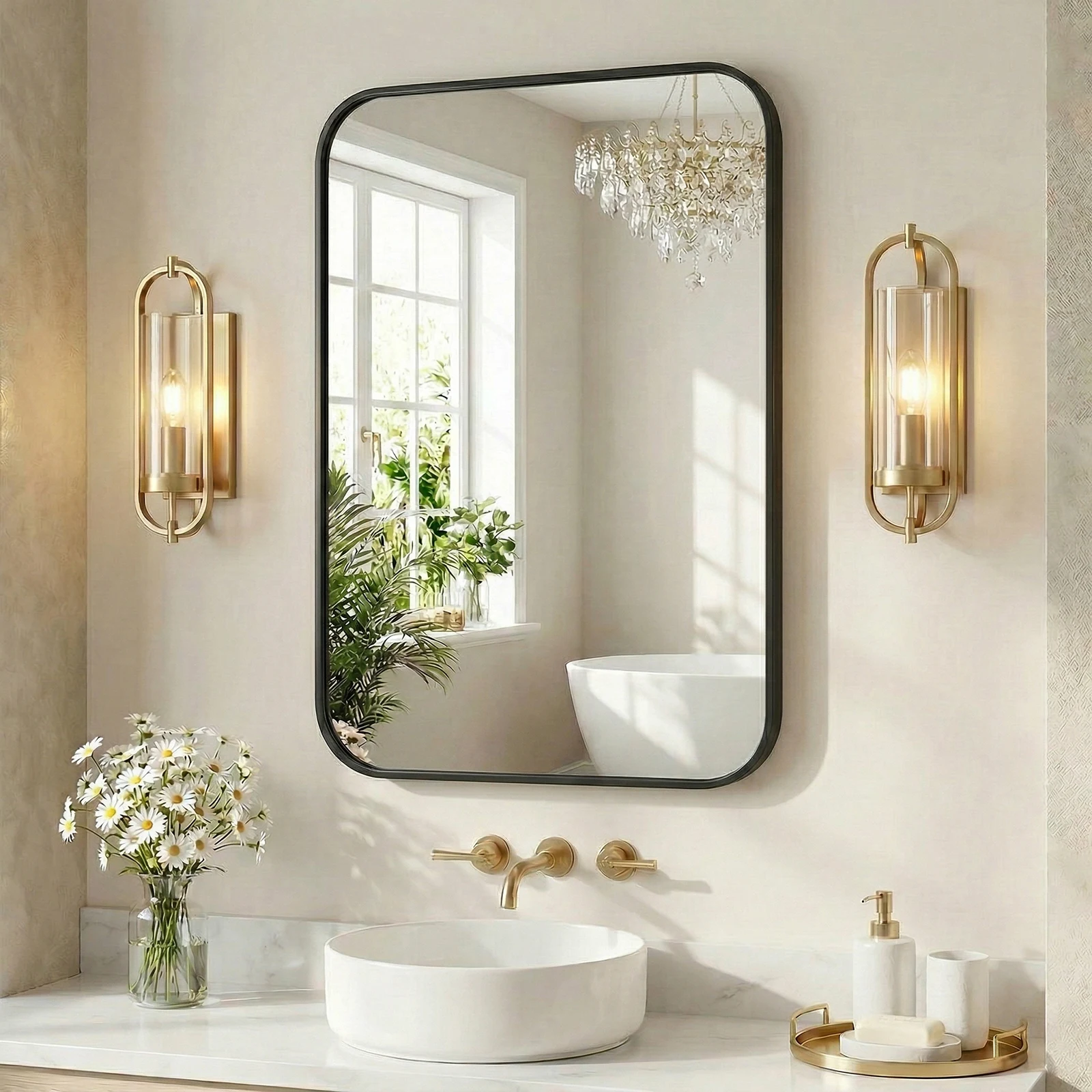 JHK Rounded Rectangle Wall Mirror with Metal Frame for Wall  Bathroom Mirror for Over Sink Modern Dressing Mirror Tempered Glass Bedroom Living Room Horizontal or Vertical
