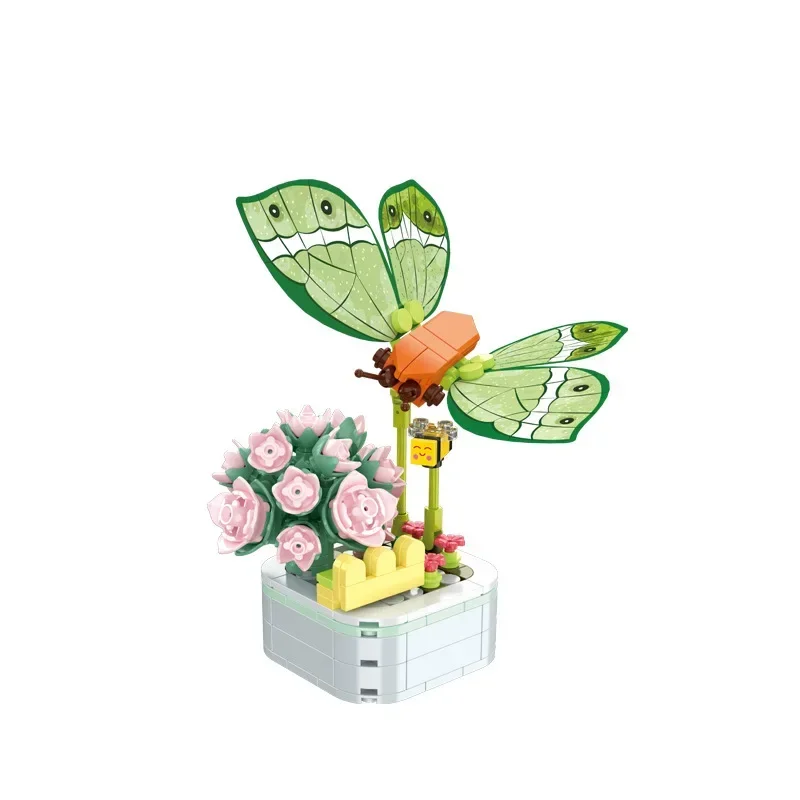 Insects and Flowers Butterfly Dragonfly Potted Bouquet Puzzle Building Blocks Creative Display Gift