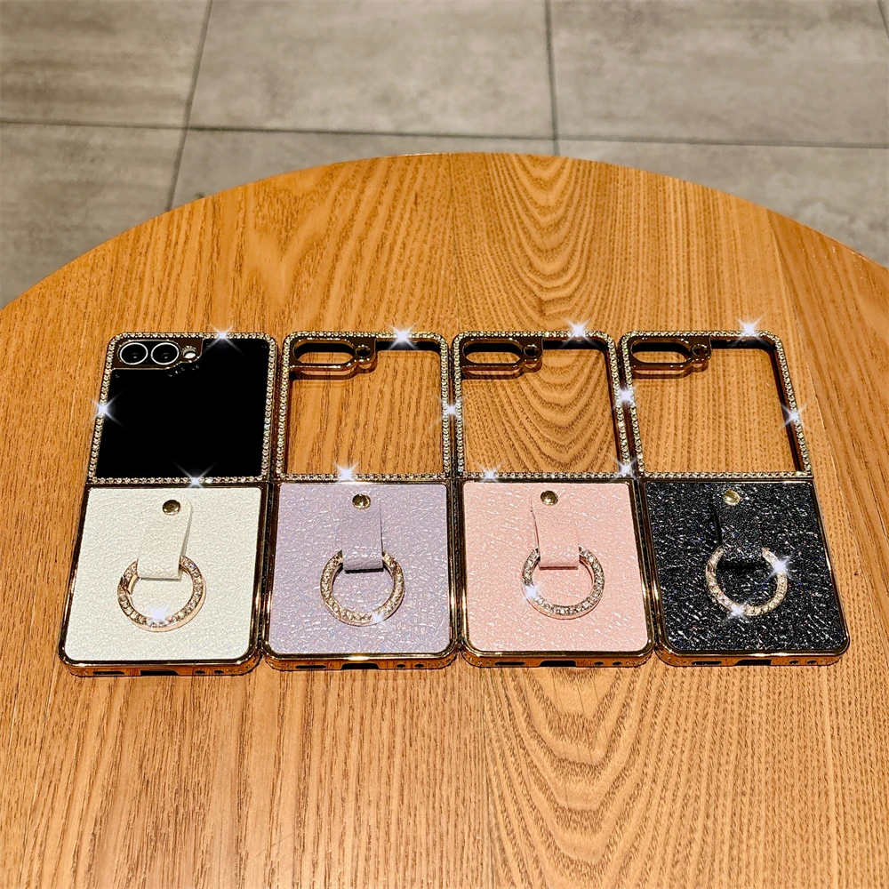 เคสหนัง PU ชุบลายหรูหรา พร้อมที่วางแหวน สำหรับ Samsung Galaxy Z Flip 7 6 Flip 5 Flip 4 Zflip 3 ประดับเพชร กันกระแทก