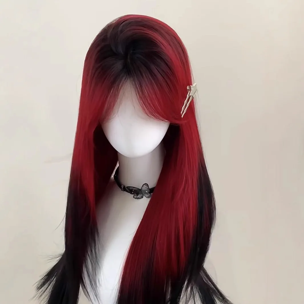 赤と黒の徐々に変化するミディアムレングスのストレートヘアクールでハンサムなレデイリーウェア夏薄い