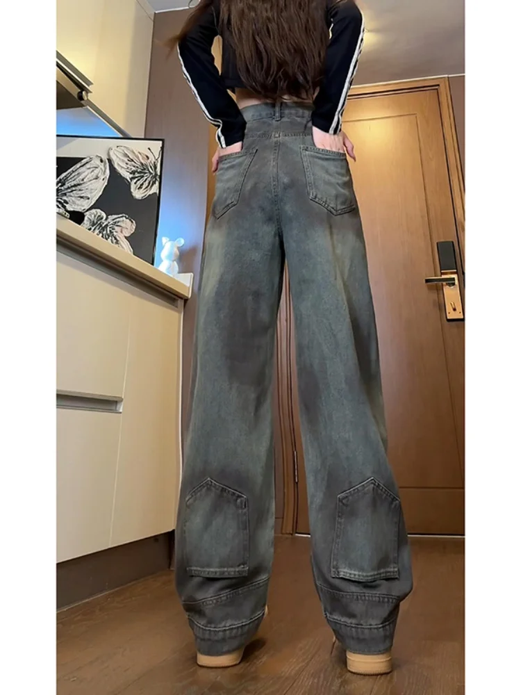 

Мужские рабочие джинсовые брюки в американском ретро-стиле с эффектом тай-дай, широкие, прямого кроя, свободные, молодежные, осенне-зимние