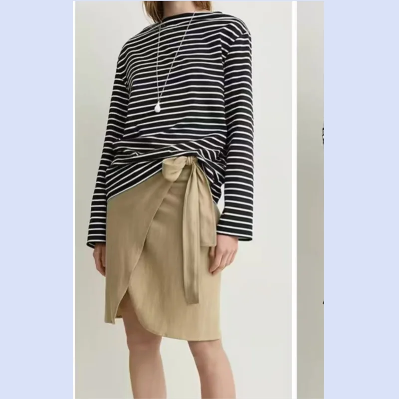 26 Year Spring/Summer Classic Simple Women's Loose Casual Contrasting Color One Collar Striped Long Sleeved T-Shirt Top