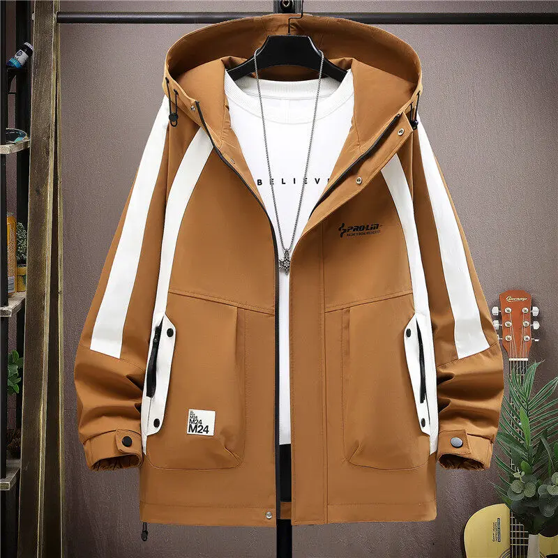 Casual Hooded Men's jackets 2025 Spring Autumn Youth Streetwear Fashion Loose Cargo Coats Outdoor Short Windbreaker Top Clothing