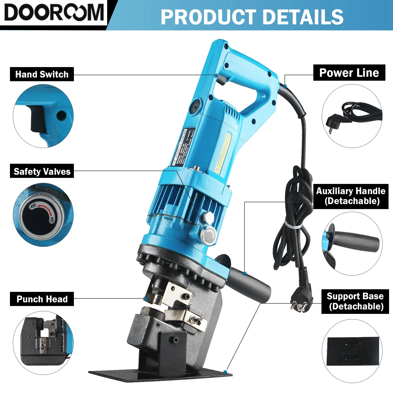 DOOROOM Electric Hydraulic Hole Puncher Electric Hydraulic Punching Tool Metal Punching Machine with Carbon Brush Hole Punches