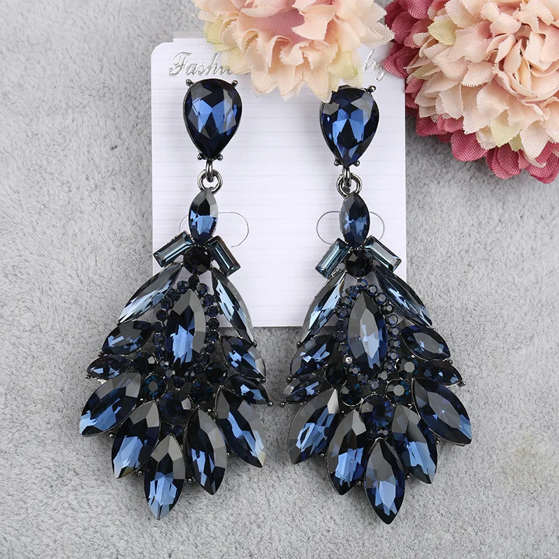 Statement Jewelry Accessories Wedding Long Grey Dark Navy Blue Crystal Rhinetsone Drop Earrings for Women