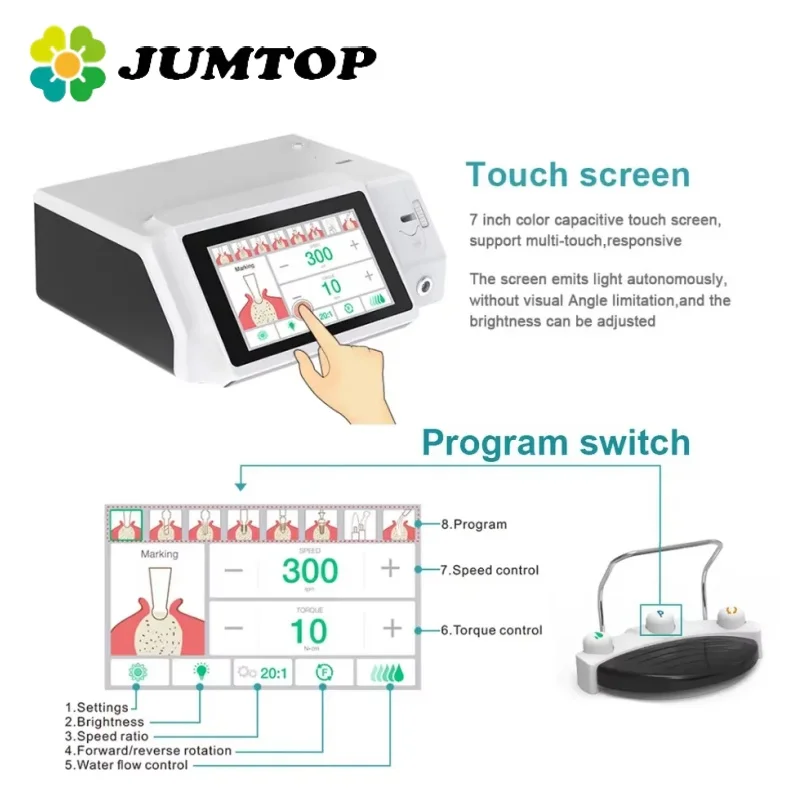 Система двигателя для зубных имплантатов JUMTOP 3 в 1, электродвигатель для пьезо-костной хирургии с оптоволоконным контругловым наконечником 20:1