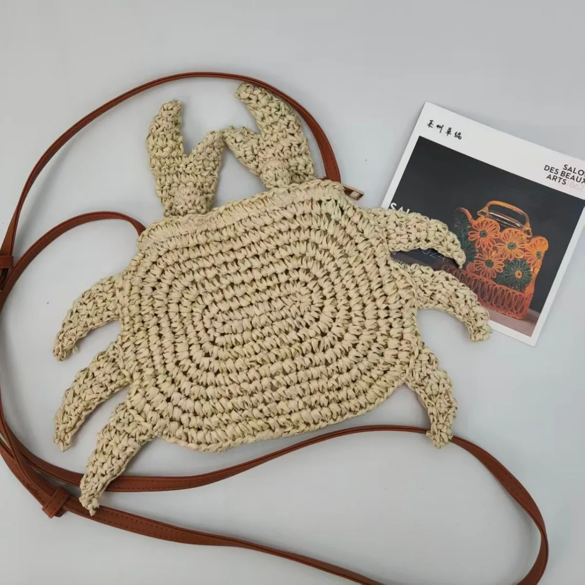 

Crochet Straw Woven Bag Cute Crab Animal Crossbody Purse Mini Handbag Tote Casual Outdoor Pocket Bag Fresh Style Satchel Gift