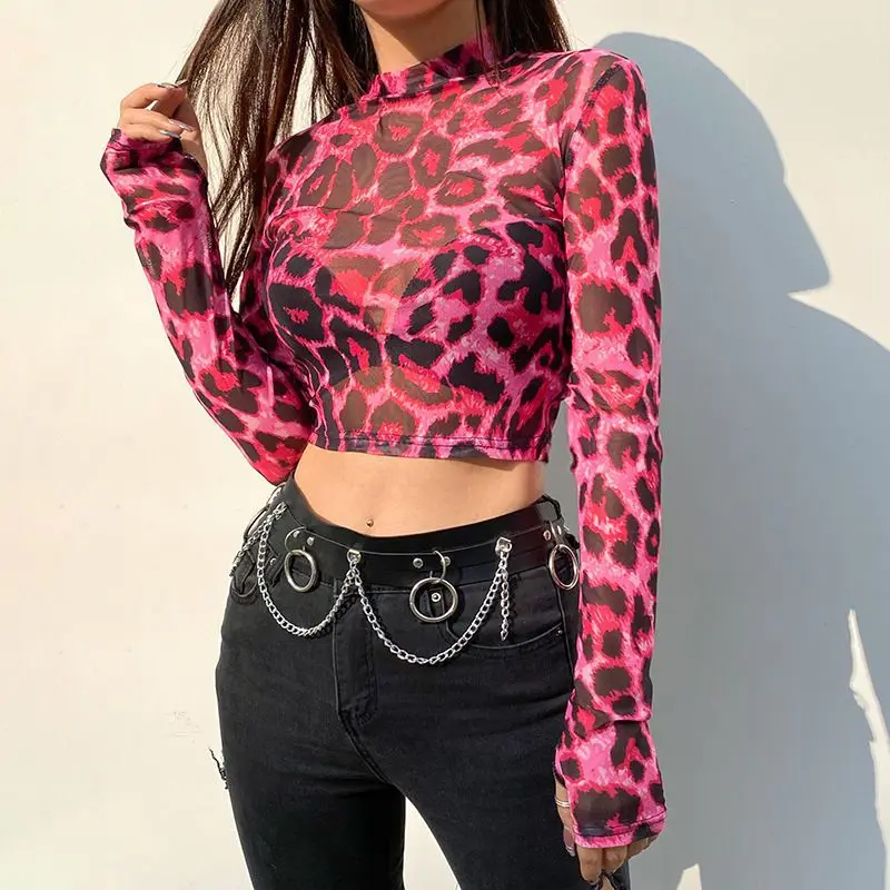 Fashion Personality Rose Red Leopard Print Women's Long Sleeve T-shirt Thin Sheer Gauze Hottie Sexy Exposed Navel Tight Top