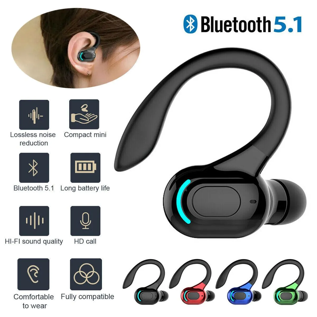 Bluetooth 5.1ヘッドセットワイヤレスイヤホンステレオヘッドフォン耳フックf8