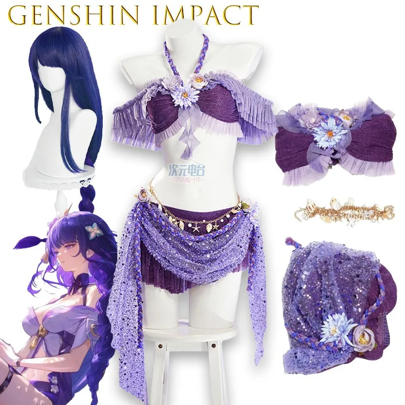 Genshin Impact Raiden Shogun Lila Exotischer Badeanzug Anime Cosplay Hot Spring Zweiteiliger Badeanzug Sommer-Cosplay-Kostüme