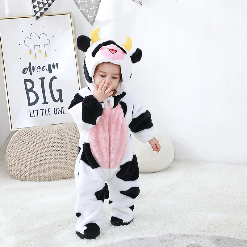 Kawaii Cow Baby Boys Girls Clothes Romper Hooded Jumpsuits Bodysuit Winter Flannel Warm Cosplay Costume Toddler Infant Ropa Bebe