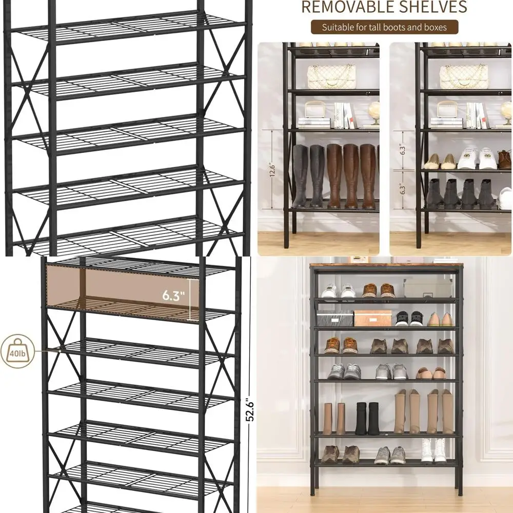 

8-Tier Large Shoe Storage Rack, Holds 32 Pairs, Adjustable and Stackable Metal Shelves for Home