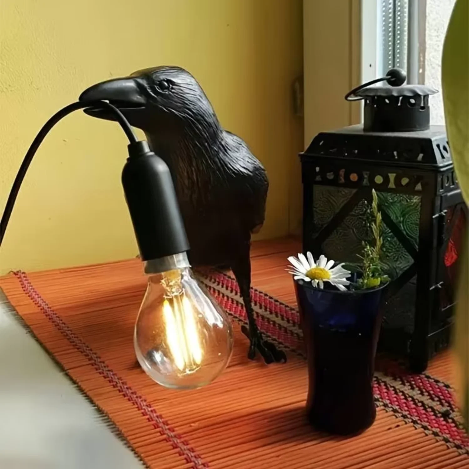 E14 Bulb with Plug Gothic Raven Lamp Vintage Resin Bird Lamp  Nightstand, Office, Living Room Farmhouse Art  Style Desk setup