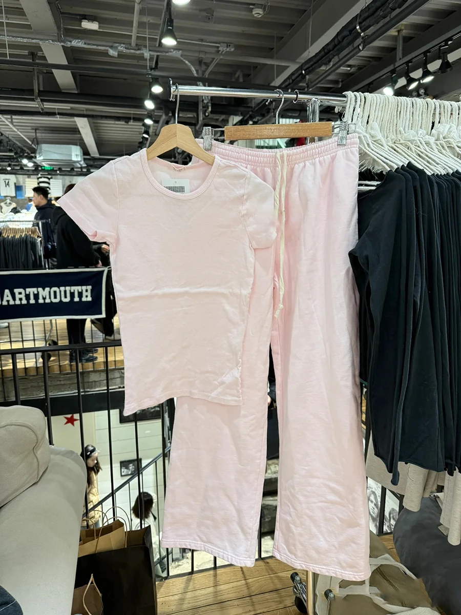 ピンクのベーシック Tシャツパンツセット女性のための夏 O ネック綿スリム Tシャツ + 巾着ストレートスウェットパンツ甘い固体スポーツパンツセット
