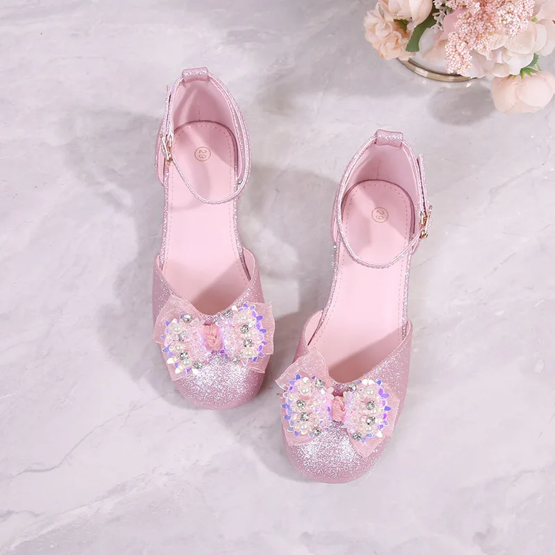 2025 Summer Kids Princess Sandals Children's Casual Shoes Fashion Rhinoceros Sequin Bow Open Toe Girls Dance Party High Heels