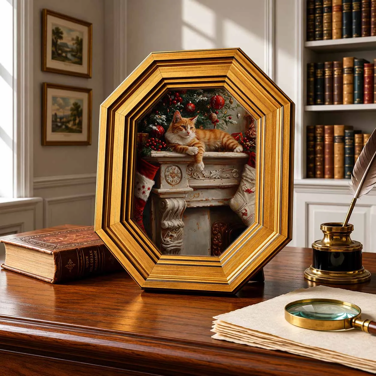 Vintage Octagon Gold Framed Cat Oil Painting Wall Art,4Styles Cute Kitty Canvas Decor, Dual Use Hangable&Tabletop Cat Lover Gift
