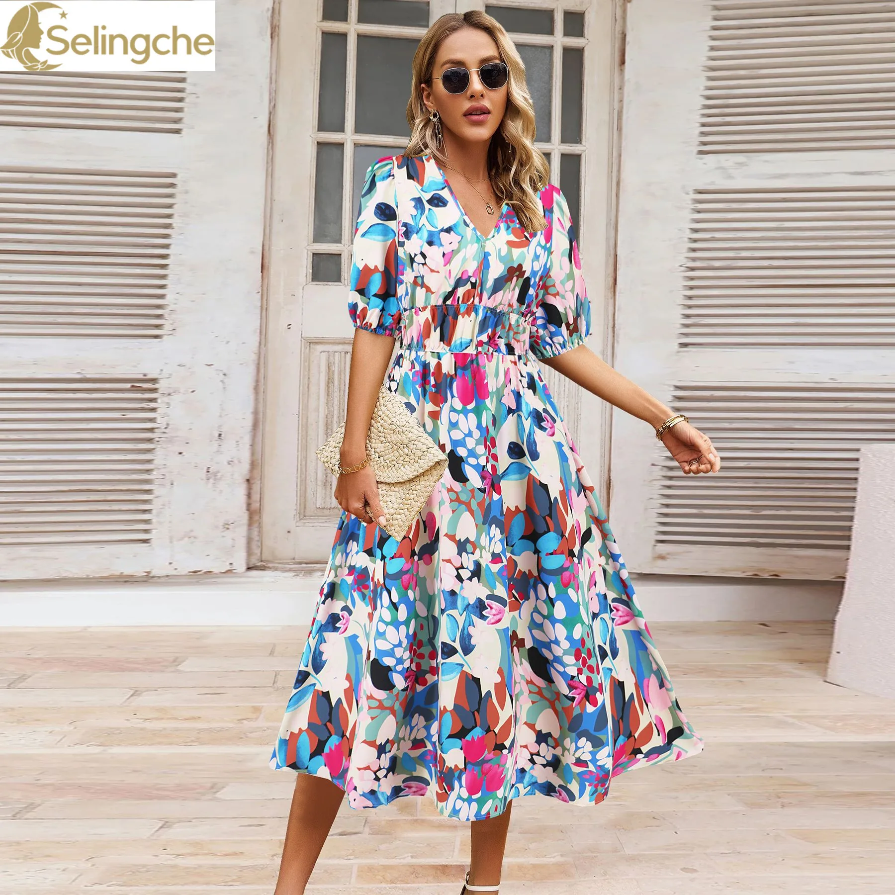 

Fashionable Dress European and American Spring/summer Women's Clothing Sexy V-neck Bohemian Printed Dress A-line Skirt