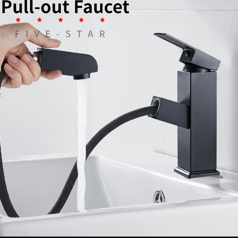 

Black Bathroom Basin Pull Out Faucet Stainless Steel Hot and Cold Sink Mixer Tap for Kitchen Square Washbasin Faucet Vanity Tap