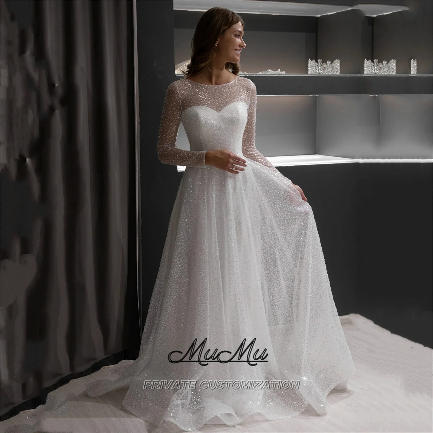 

MuMu Customized Weddings Dresses Bridal Dress for Wedding party Elegant Sexy Evening Dresses White long-sleeved Sequins dresses