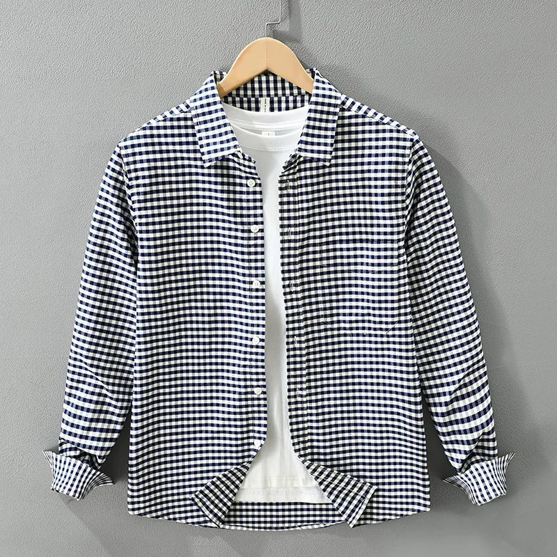 

Japanese retro plaid long-sleeve shirt, fashionable and versatile, literary and casual loose top for men