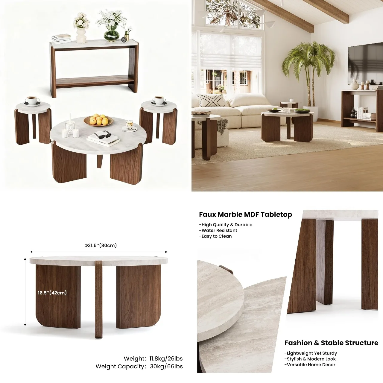 

4pc Farmhouse Table Set Coffee & Side & Console Tables Modern Living Room Hallway Office Bedroom, Customized