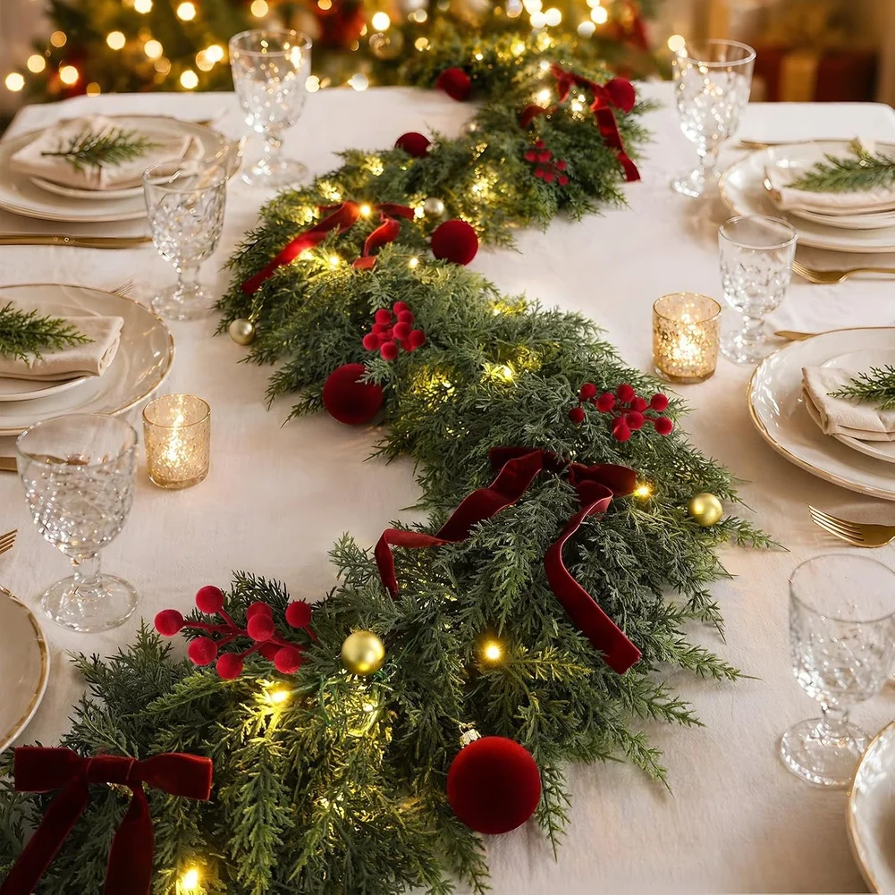 1.8m Artificial Christmas Cedar Garland With Red For Velvet Bow Flocked Pine Branches For Home Holiday Party Wedding Floral