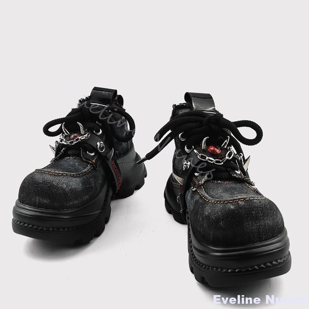 عين الشر فاسق الدنيم أحذية النساء زخرفة المعادن جولة تو منصة عبر تعادل حذاء كاجوال جديد الشرير النمط البريطاني حذاء مزود بفتحة للأصابع الكبيرة