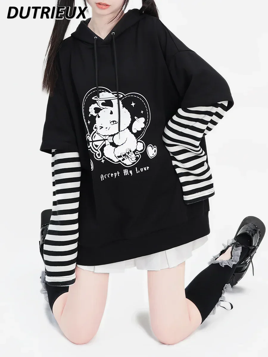 2023 New Japanese Style Casual Hoodies Femme Fake Two-Piece Striped Hooded Top Ears Loose Mid-Length Sweatshirt for Women