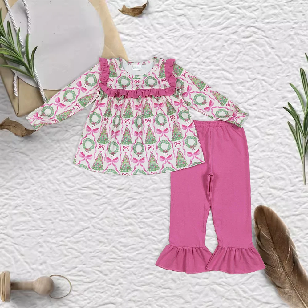

RTS Bulk Girl Clothes Santa Tree Bows Rose Red Ruffle Long Sleeve Pants Set Kids Christmas Clothes