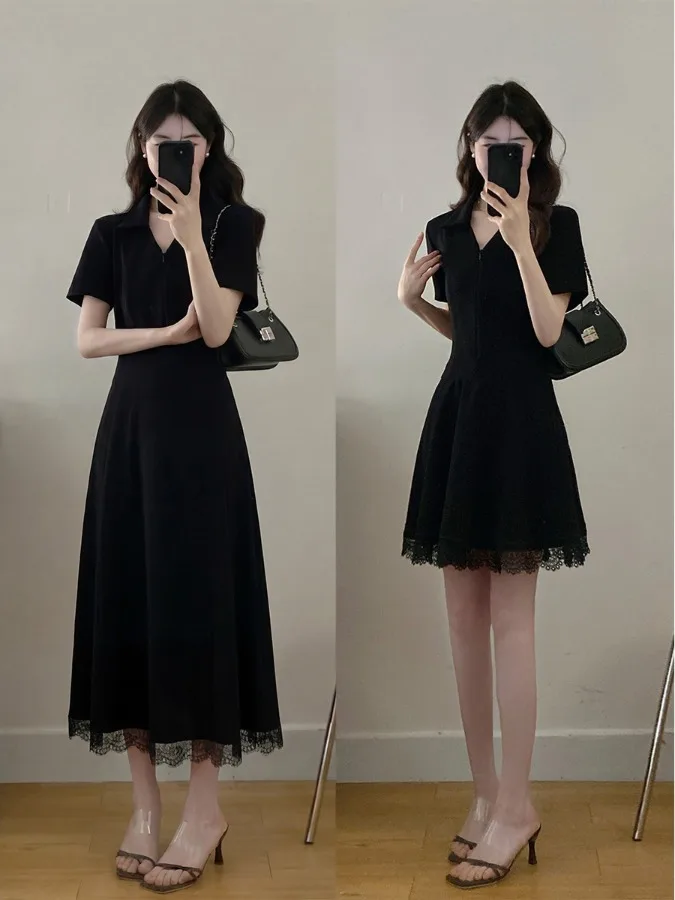

plus Size V-Neck Lace Trim A-Line Dress Slimming Hepburn Style Summer Fashion Korean Version Short Sleeve Black Dress