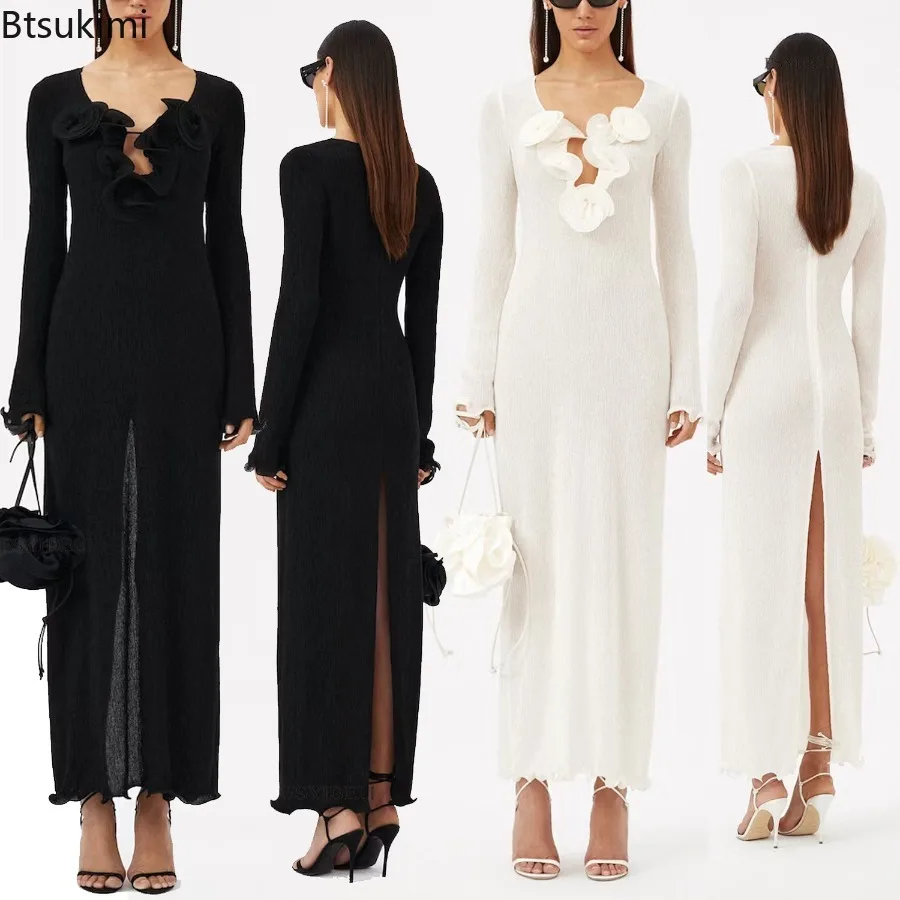Women's 3D Flower V-neck Long Dress, Beautiful See-through Long-sleeved Blouse Dress, Fashionable Solid Color Elegant Dresses
