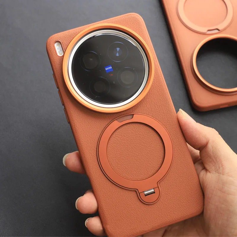 

TPU+Metal rotatable Kickstand Magnetic Back Case For Vivo X200 Ultra X200S Luxury Shockproof Soft Lichee Pattern Leather Cover