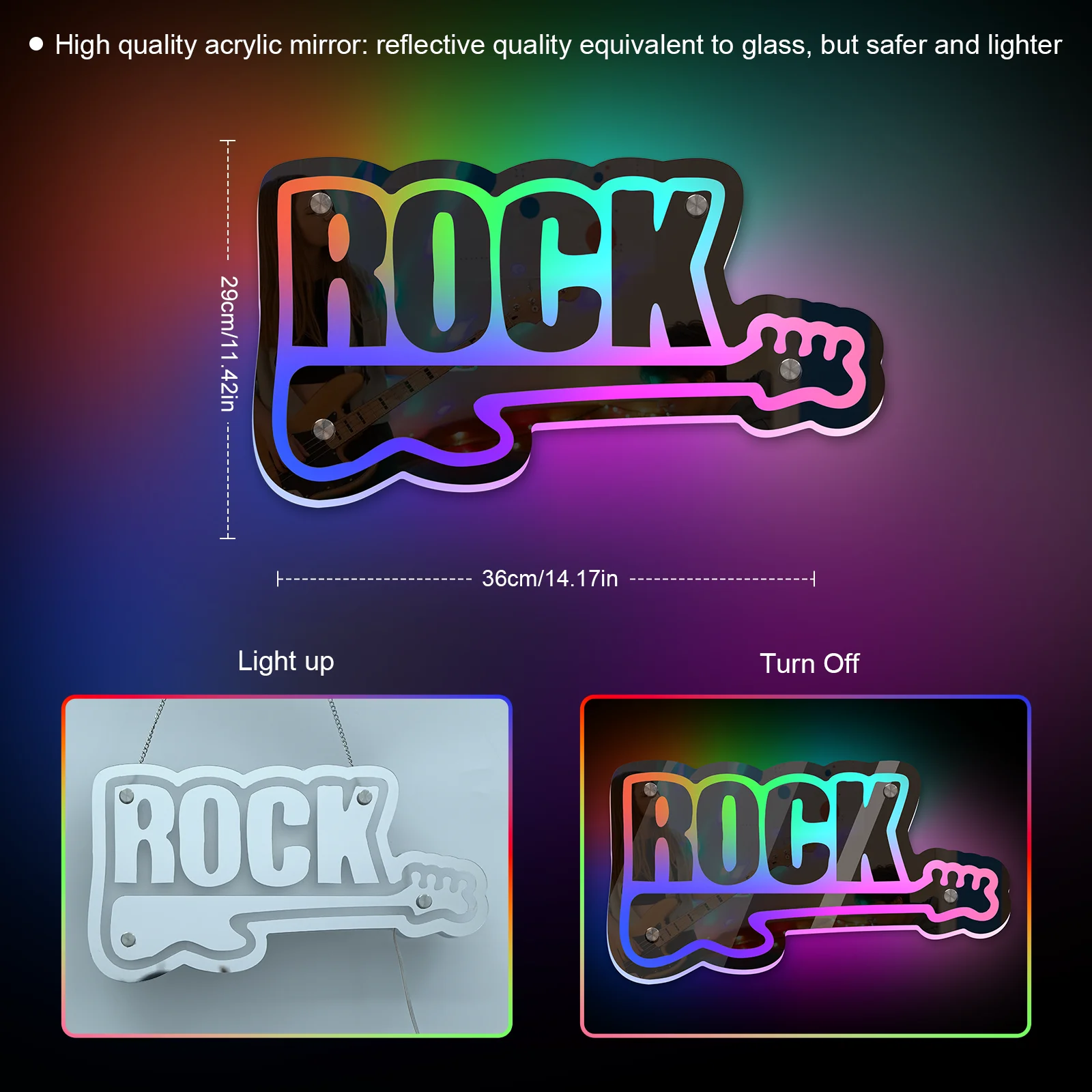 Rock with Guitar Neon Sign Mirror RGB Remote Control for Business Window Bar Shop Coffee Salon Hotel Store Music Party Pub