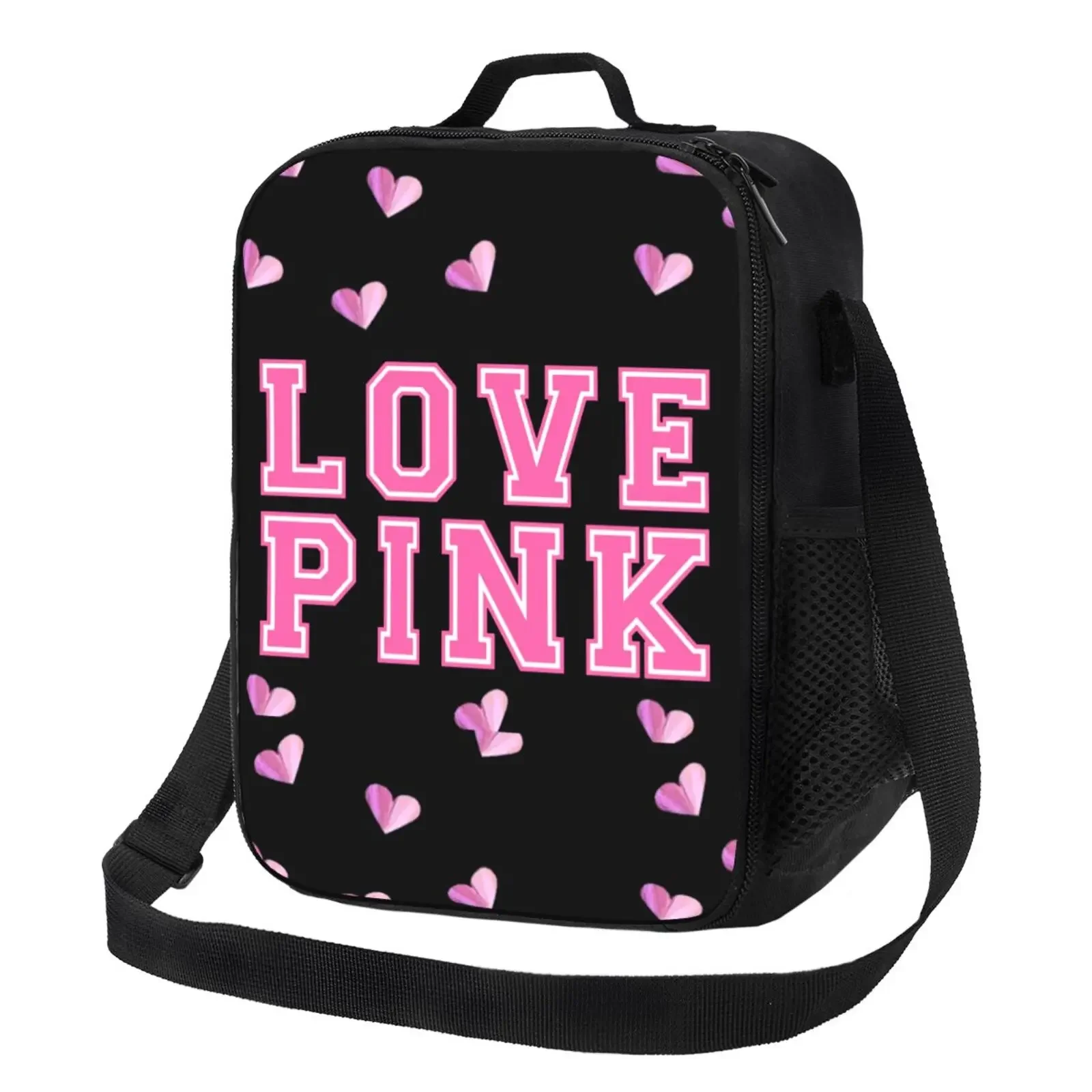 Black Pink Lunch Bags with Strap for Women Portable Thermal Insulated Lunch Box Container Cooler Bag Tote Bento Pouch for Work