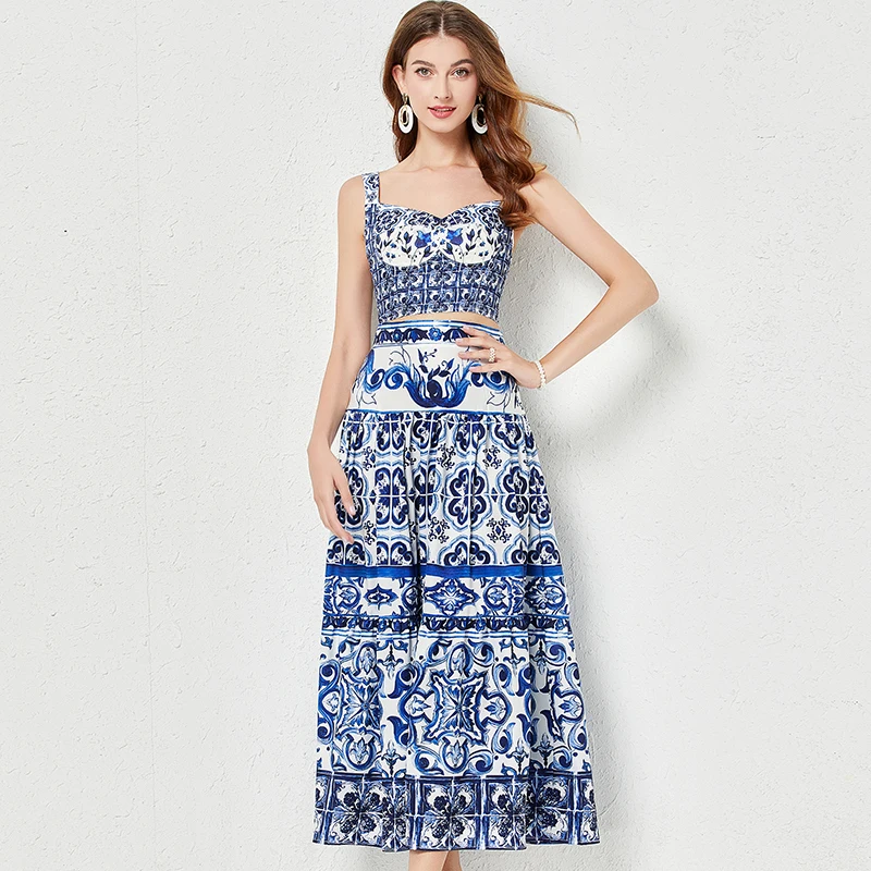 Real Shot Summer Blue and White Porcelain Printed Stitching Three-Dimensional Bandeau Sling + Skirt Two-Piece Suit with Chest Pa