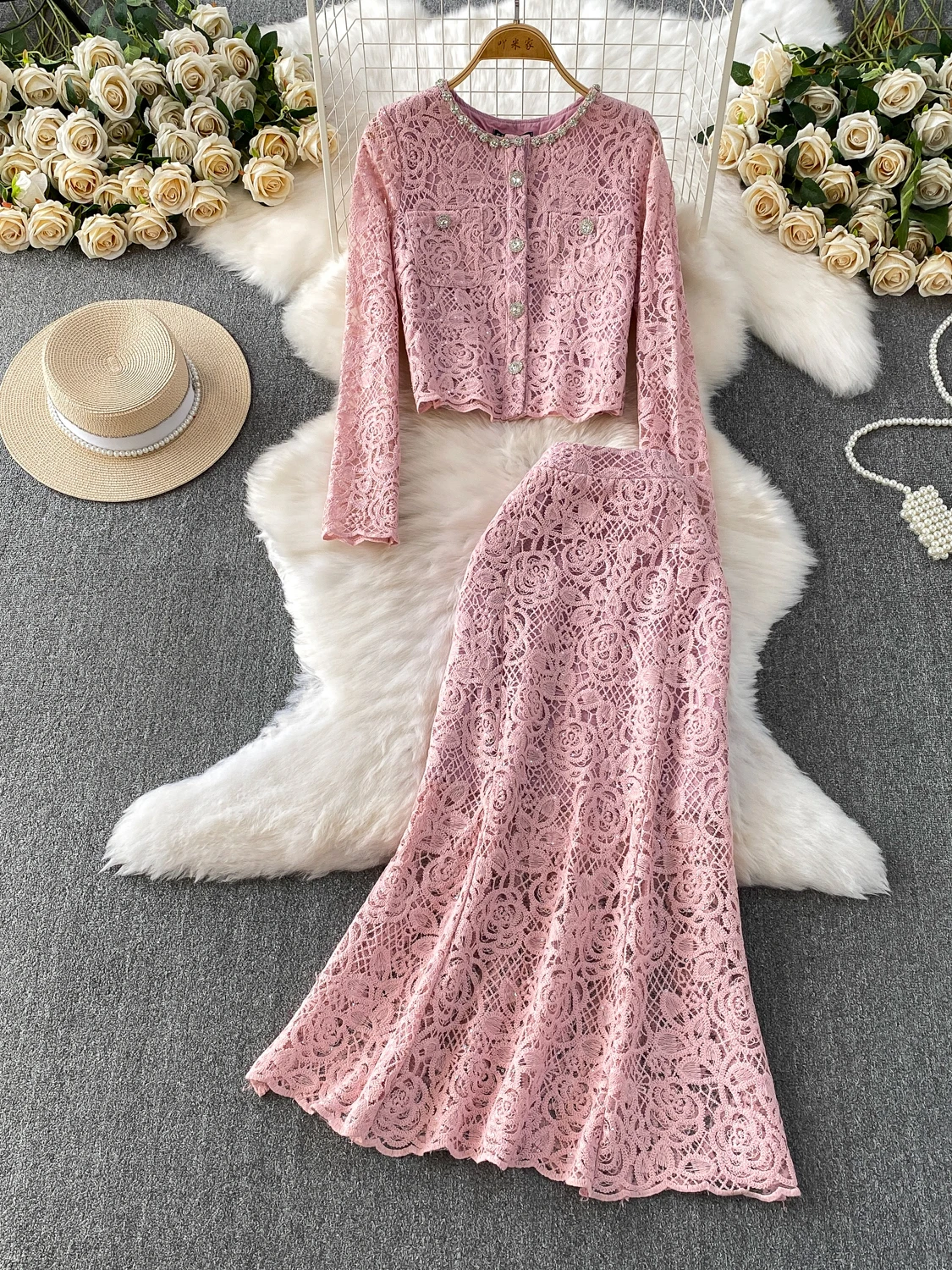 

Ele круглый кружевной комплект с юбкой Jaet и Fi Tail, женское модное мягкое розовое пальто с тяжелой вышивкой, уменьшающее возраст