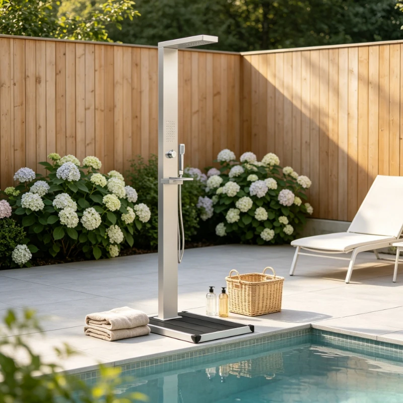 Douche de jardin extérieure en acier inoxydable avec élément de sol en WPC massif, structure de base stable antidérapante, équipement de bain durable pour cour, piscine et balcon, idéal pour le nettoyage quotidien après la baignade.