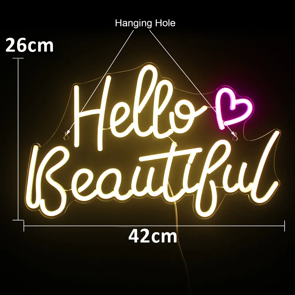 Hello Beautiul Neon Sign Warm White Led Neon Light for Wall Decor USB Powered Led Neon Signs For Wedding Birthday Party Decor