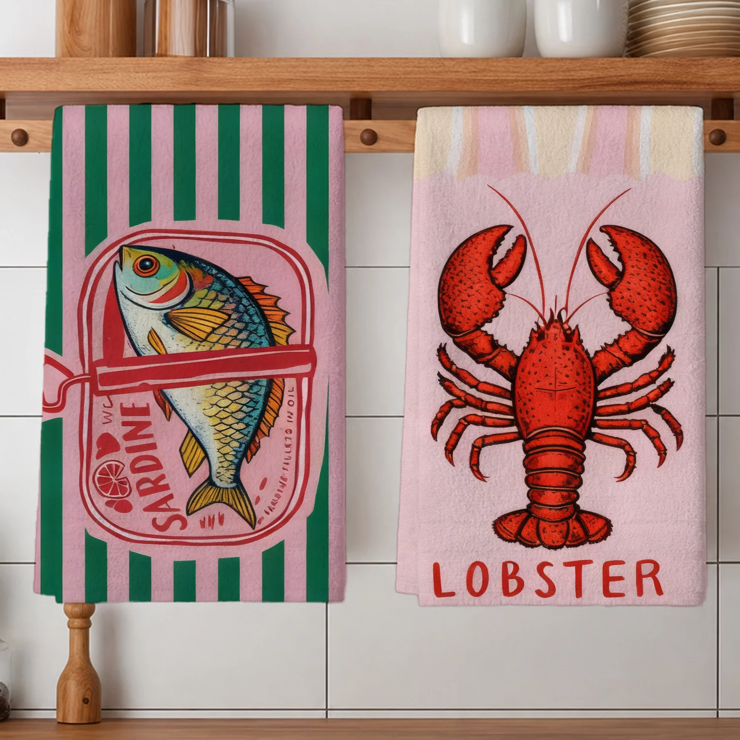 JIT 2PCS Striped Sardines Canned Lobster Pattern Kitchen Towel