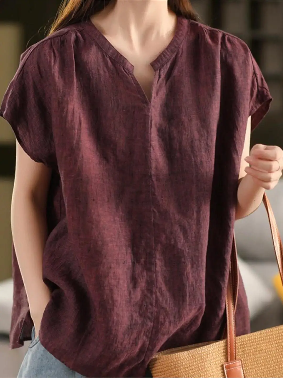 

Slimming Effect Linen Casual V-Ne Loose Fit irt Top Women's Thin Summer New Sle Printed Casual Wear Moisture ng