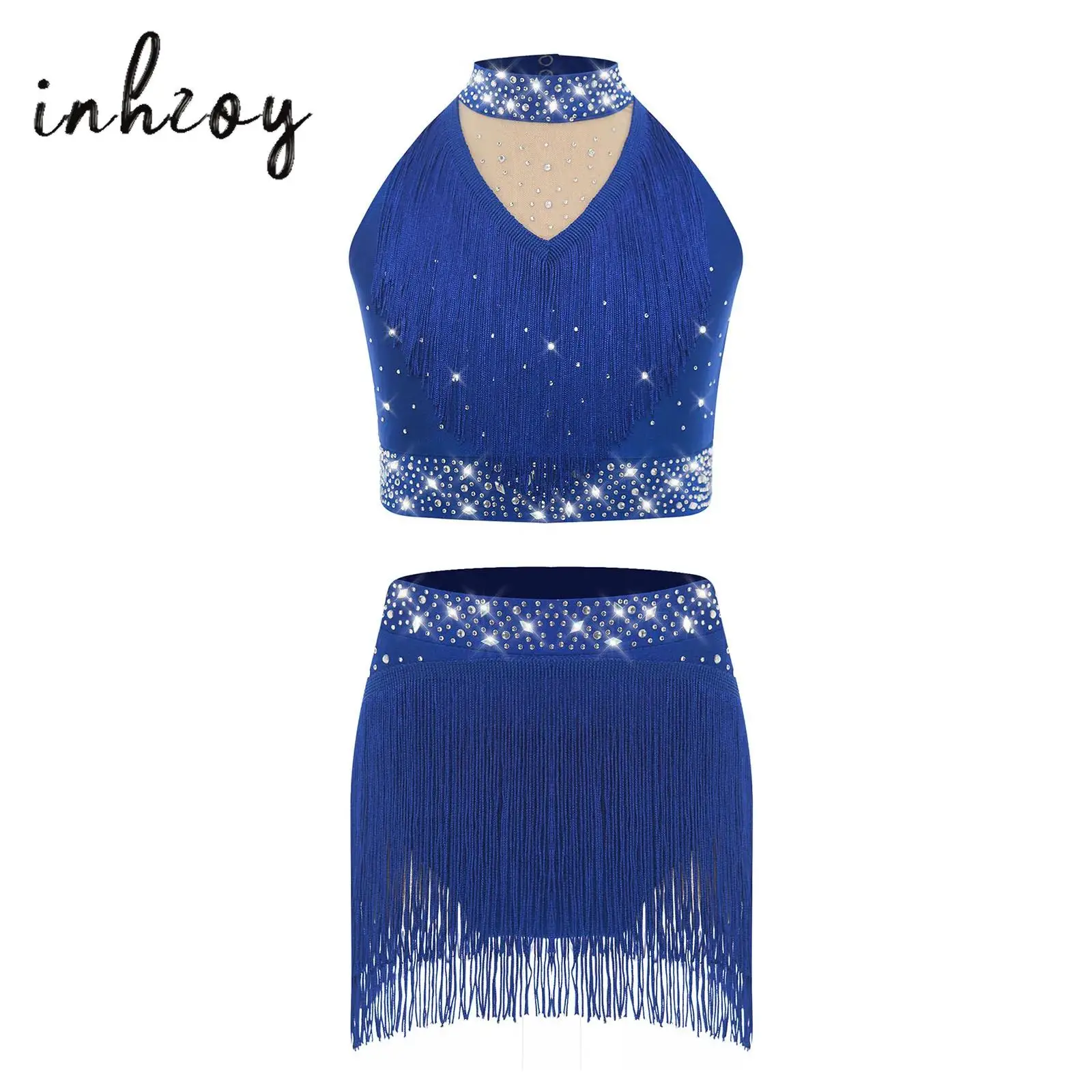 

Kids Girls Fringe Latin Dance Costume Stand Collar Cropped Vest Tops with Skirted Leotard Ballet Training Performance Dancewear