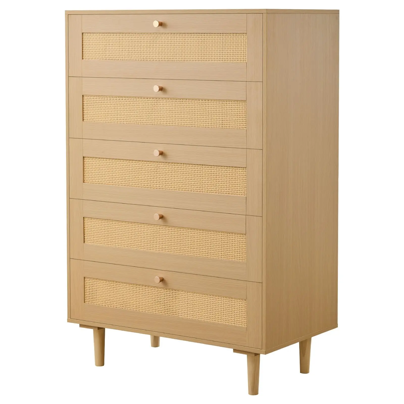 5 Drawer Rattan Dresser, Modern Closet Dresser for Bedroom, Natural Rattan Chest of Drawers with Metal Handles & Wooden Legs, Ch
