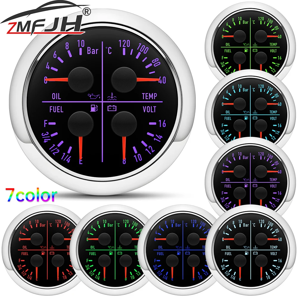 

80mm 4 in 1 Gauge Oil Pressure Gauge Water Temp Fuel Level Meter Voltage Waterproof 7 Color LED Light Pointer For Car Truck Boat