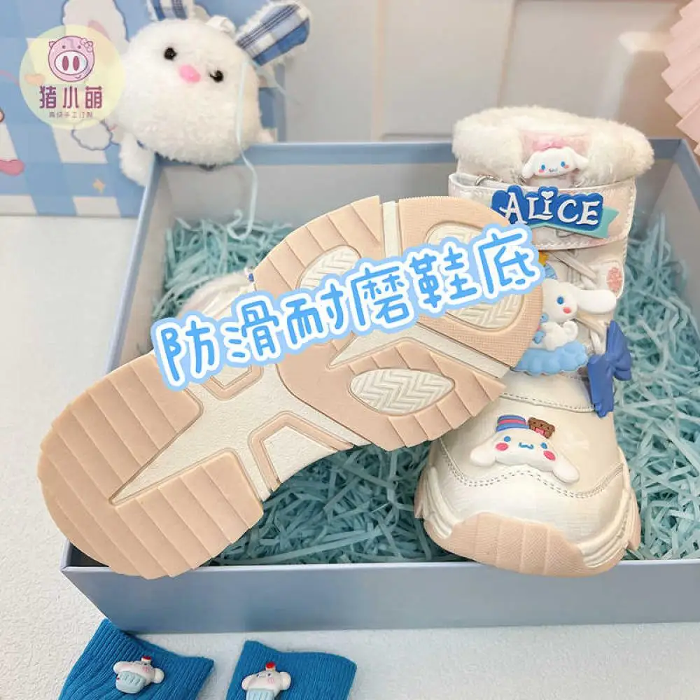 Cinnamoroll sepatu bot salju putih anak-anak Anime Sanrio sepatu bot pendek antiselip wajah kulit lucu bot Natal Anak perempuan tahan air hangat