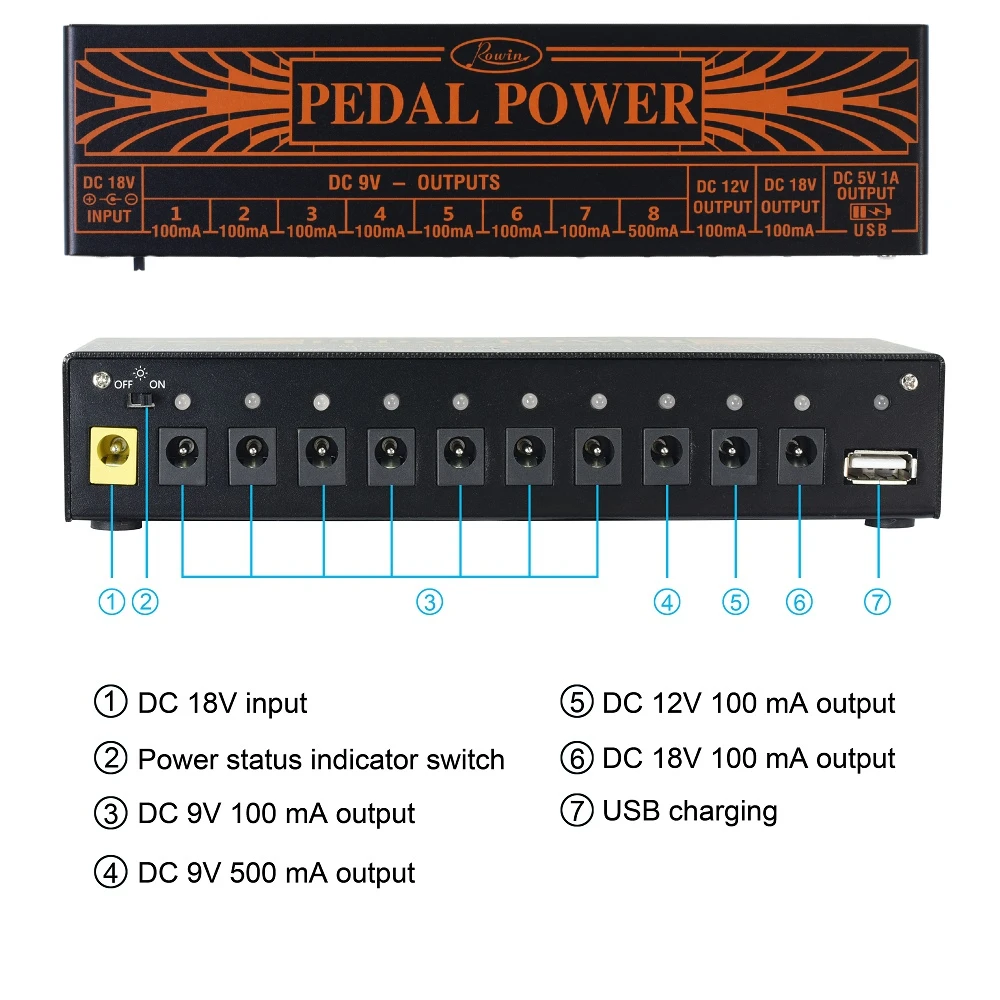 Блок питания Rowin для гитары, педаль с 10 изолированными выходами постоянного тока, источник питания 9 В, 12 В, 18 В, 1 USB-порт для зарядки, металлический корпус