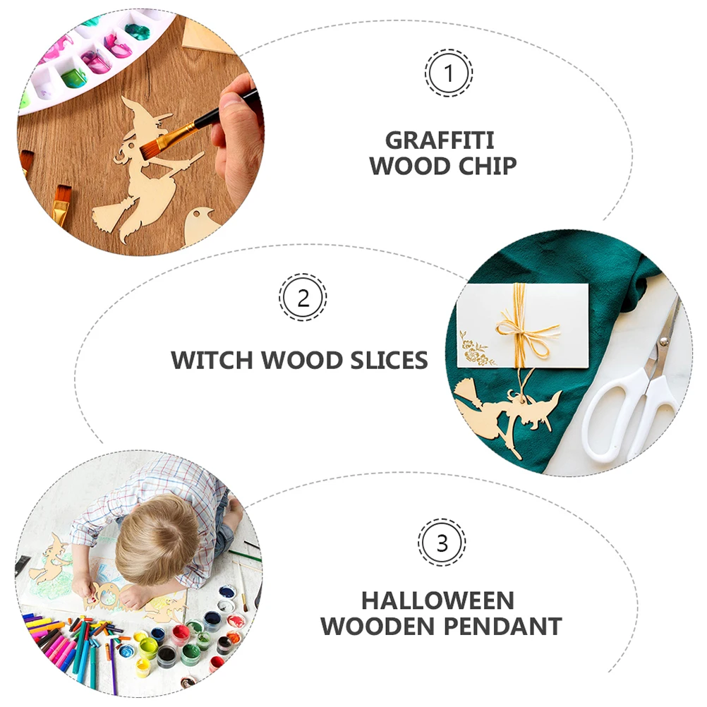 30 pçs fatias de madeira pendurado ornamentos forma bruxa diy artesanato chips decorativos para festa de halloween suprimentos crianças pintura